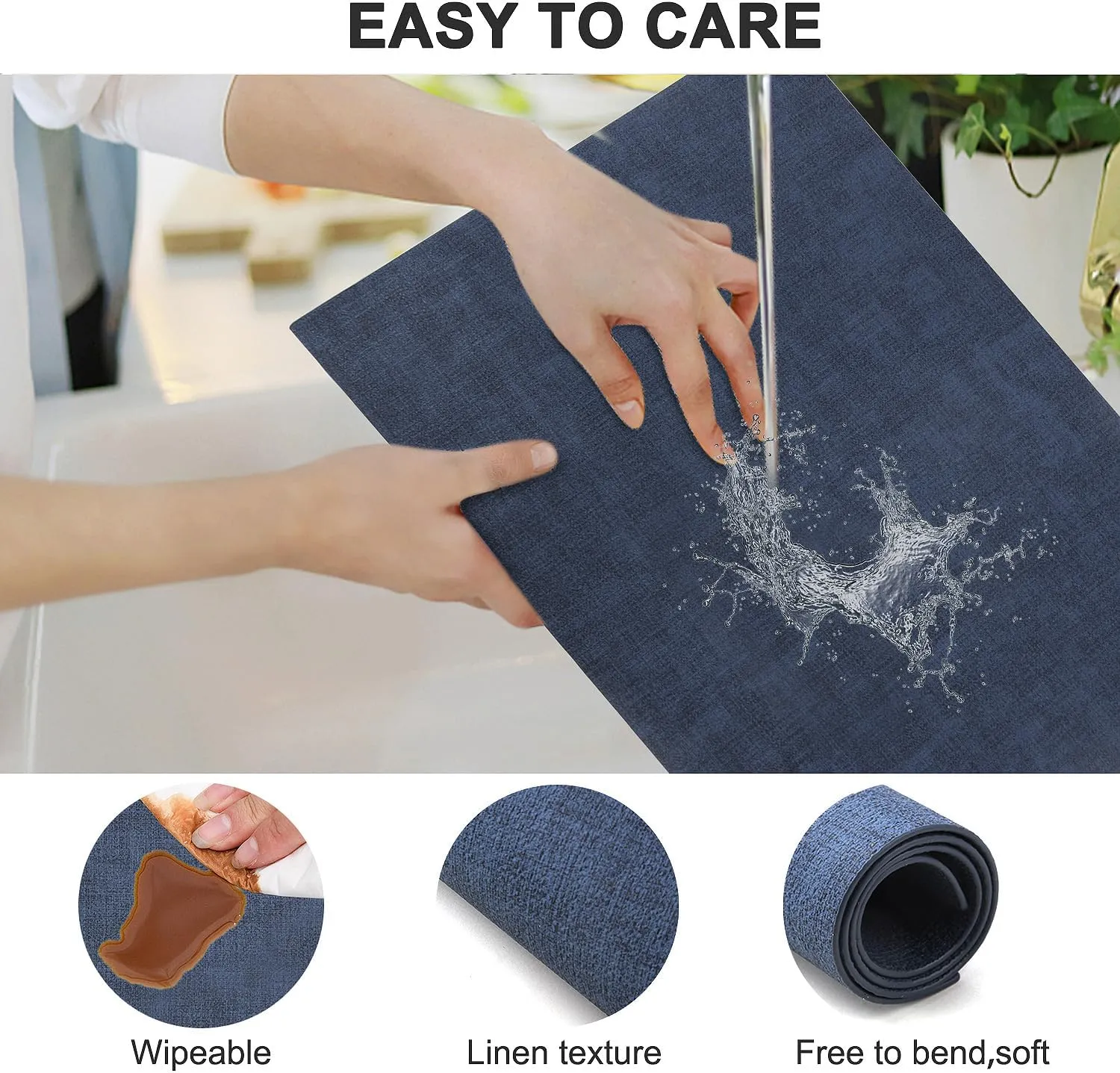 Leather Heat Resistant Placemats Set of 6 Waterproof Wipeable Washable PU Table Mats,Easy to Clean Anti-Slip Place Mats (Navy Blue, 6)