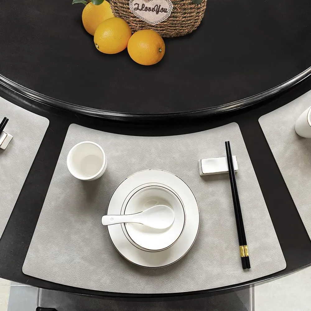 Leather Round Table Washable Placemats, Black Thick Faux Leather Heat Resistant Wedge Table Placemat, Waterproof Non-Slip Easy to Clean Place mat for Kitchen Coffee Dining Room Table Set of 6