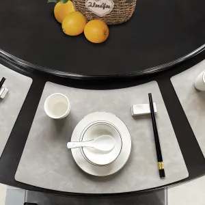 Leather Round Table Washable Placemats, Black Thick Faux Leather Heat Resistant Wedge Table Placemat, Waterproof Non-Slip Easy to Clean Place mat for Kitchen Coffee Dining Room Table Set of 6