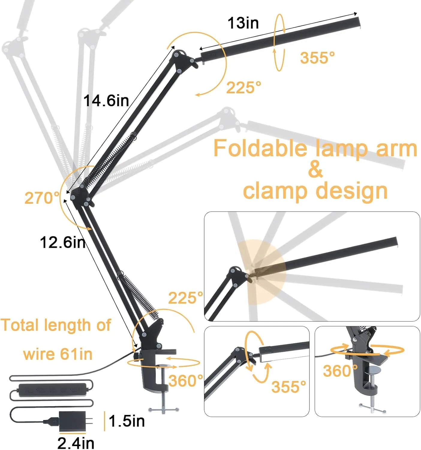 LED Desk Lamp for Home Office, Clamp-On with 5 Light Modes & Auto Shut Off | 14W Adjustable Brightness 5000K Eye-Caring Lighting for Study/Bedroom/Computer Desk
