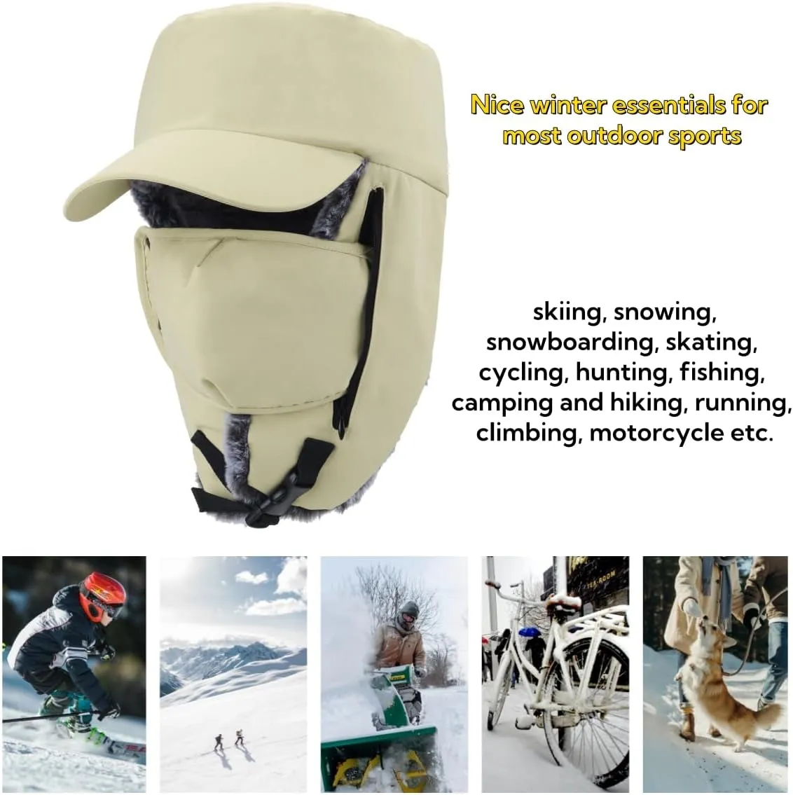 LLmoway Trapper Hat Warm Faux Fur Winter Cap with Ear Flaps Windproof Waterproof Snow Ski Hats for Men Women Cold Weather