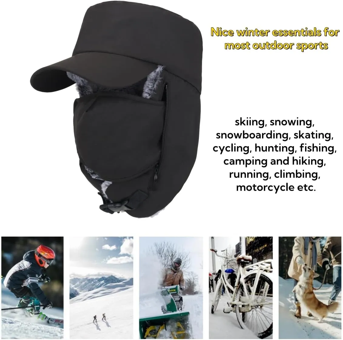LLmoway Trapper Hat Warm Faux Fur Winter Cap with Ear Flaps Windproof Waterproof Snow Ski Hats for Men Women Cold Weather