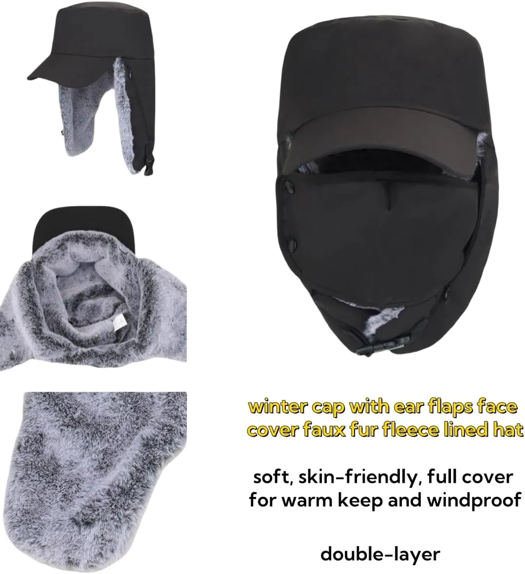 LLmoway Trapper Hat Warm Faux Fur Winter Cap with Ear Flaps Windproof Waterproof Snow Ski Hats for Men Women Cold Weather