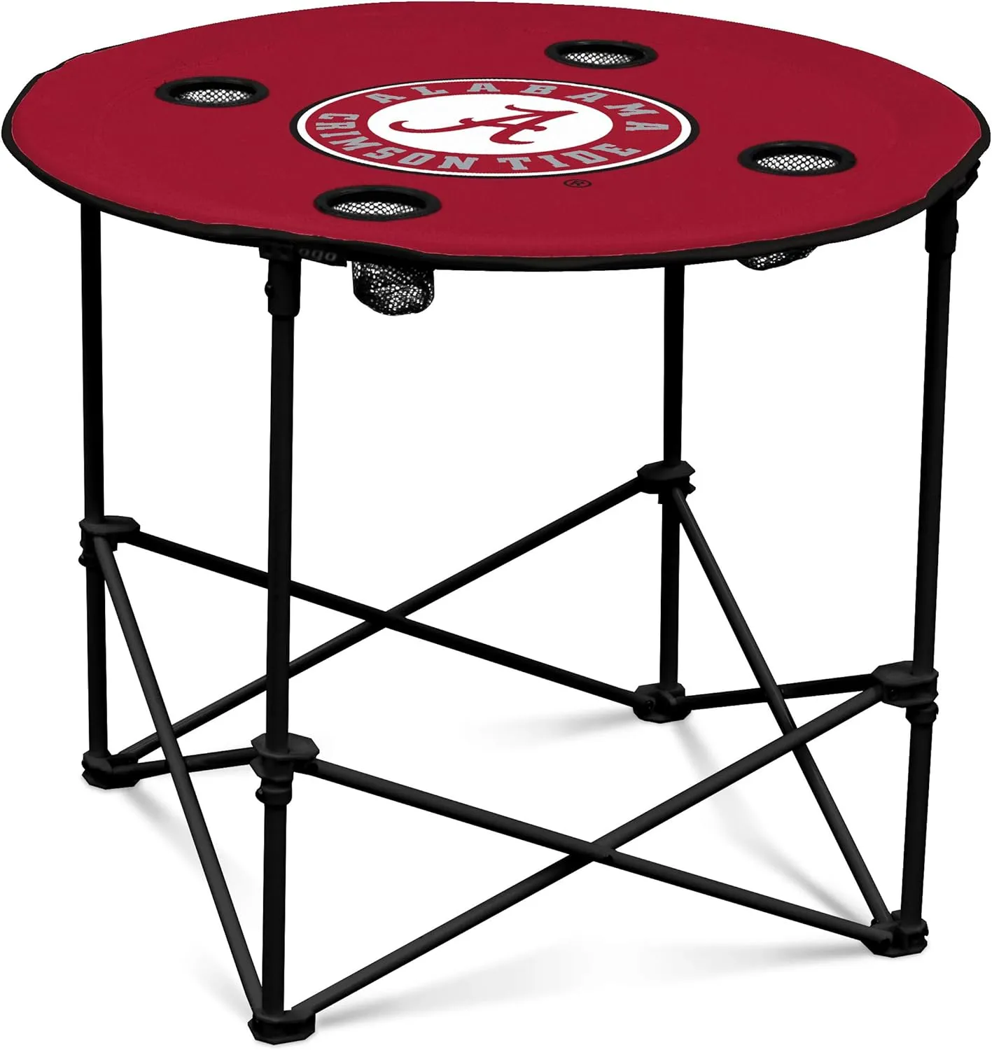 Logo Brands NCAA Alabama Crimson Tide Round Tailgating Table – Portable with Foldable Legs, 4 Cup Holders, Powder-Coated Steel, and 27.6" Surface Diameter, Team Color