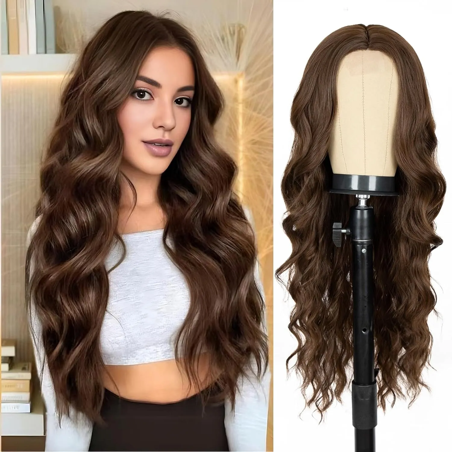 Long Dark Brown Wig for Women 26 Inch Middle Part Wavy Women Charming Wigs Realistic Natural Looking Synthetic Heat Resistant Fiber Hair for Daily Party Use