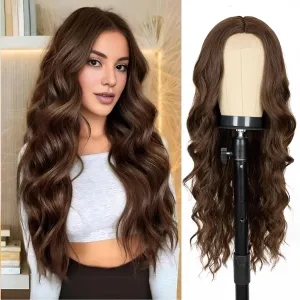Long Dark Brown Wig for Women 26 Inch Middle Part Wavy Women Charming Wigs Realistic Natural Looking Synthetic Heat Resistant Fiber Hair for Daily Party Use