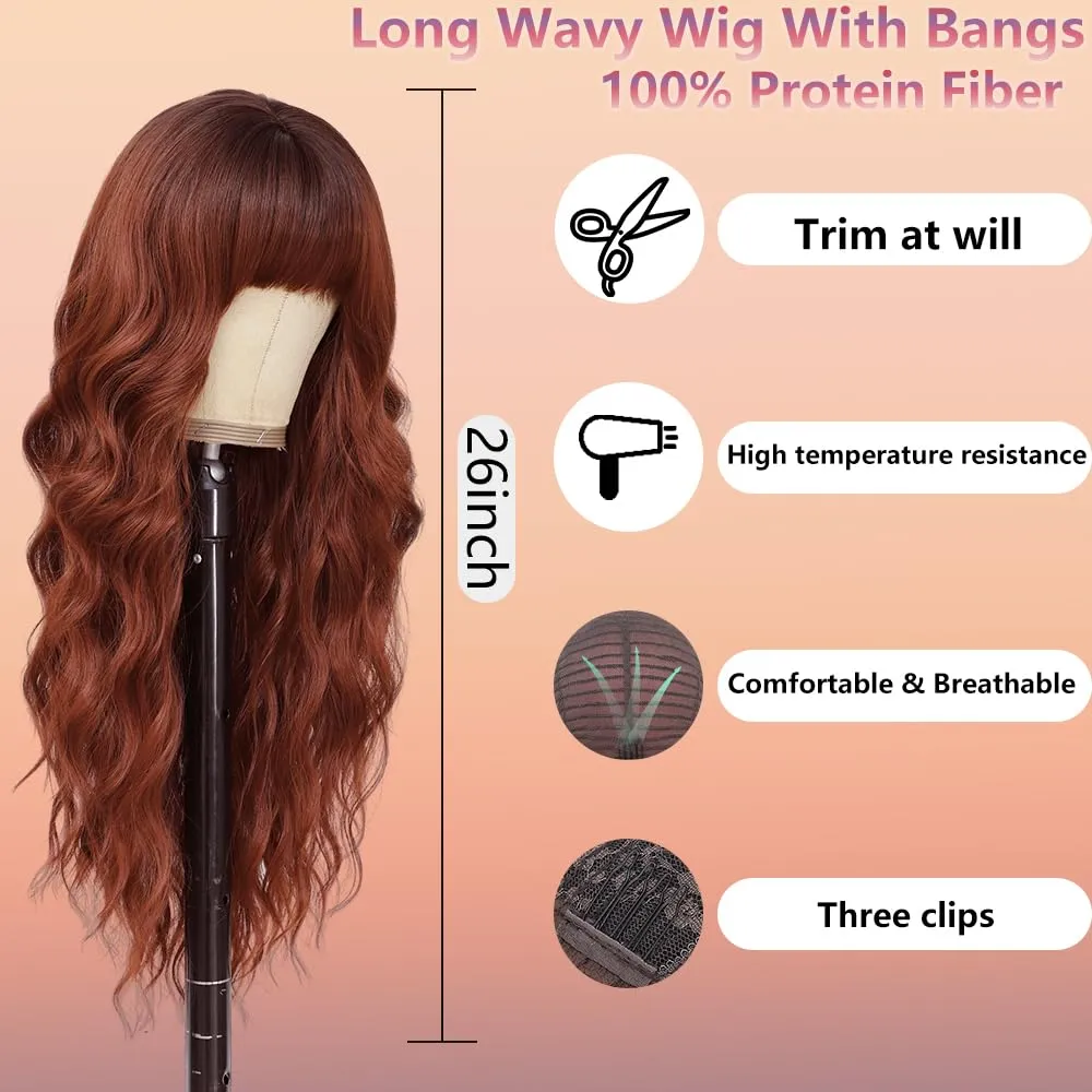 Long Ginger Orange Wigs with Bangs 26Inch Wavy Curly Hair for Women Tangle Free Soft Natural Looking Premium Heat Resistant Protein Fiber Daily Party Use