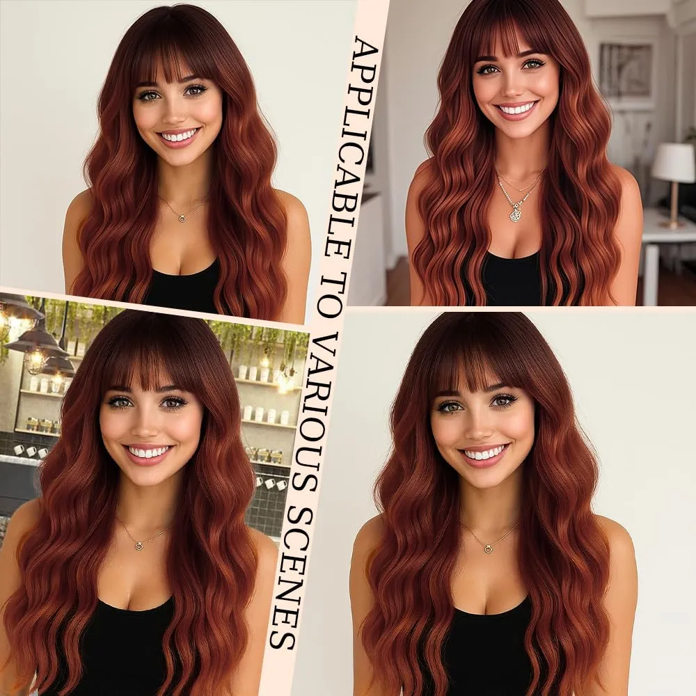 Long Ginger Orange Wigs with Bangs 26Inch Wavy Curly Hair for Women Tangle Free Soft Natural Looking Premium Heat Resistant Protein Fiber Daily Party Use