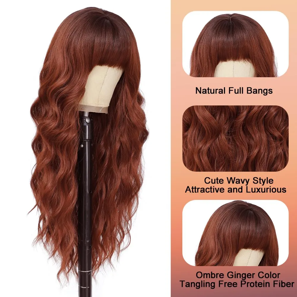 Long Ginger Orange Wigs with Bangs 26Inch Wavy Curly Hair for Women Tangle Free Soft Natural Looking Premium Heat Resistant Protein Fiber Daily Party Use