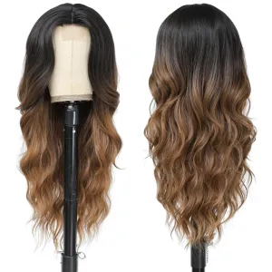 Long Wavy Wig for Wome 26Inch Middle Part Curly Wigs Lace Wavy Wigs Synthetic Heat Resistant Wigs (Black to brown)