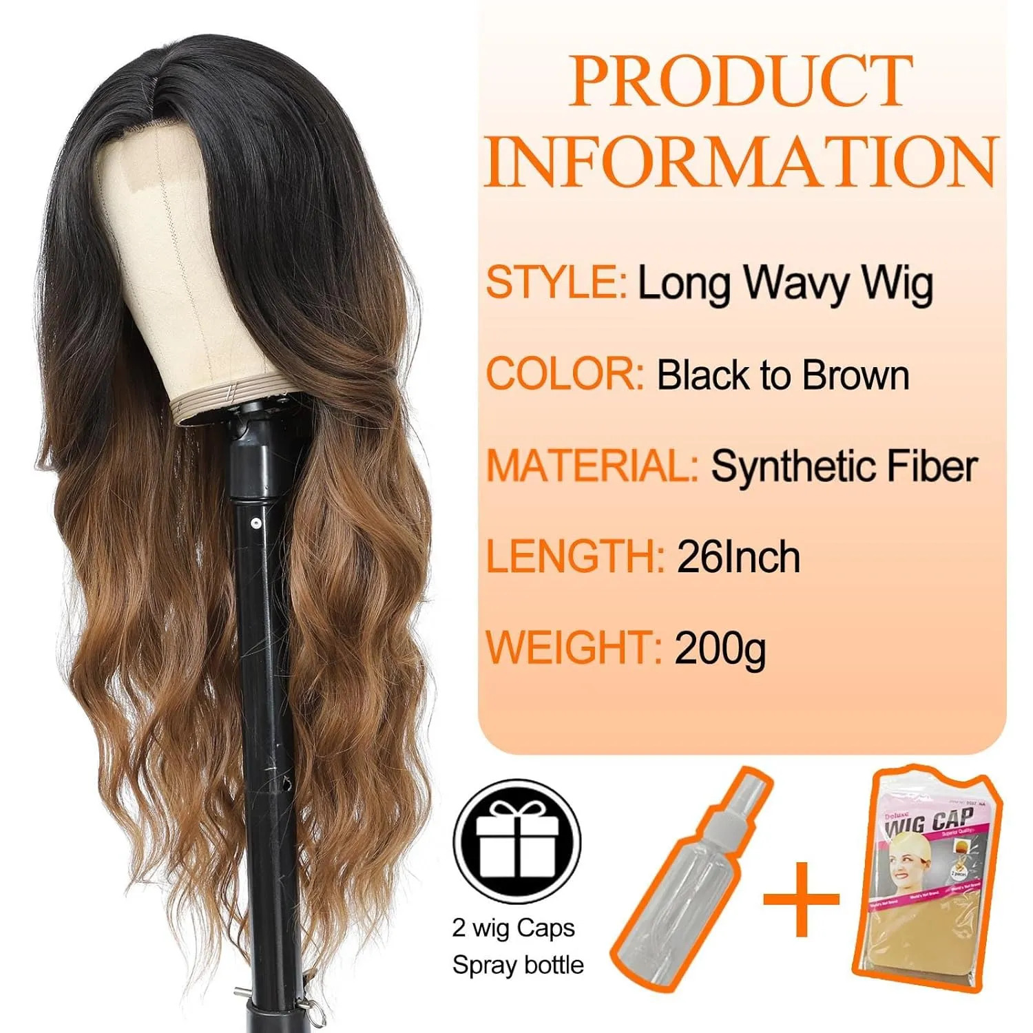 Long Wavy Wig for Wome 26Inch Middle Part Curly Wigs Lace Wavy Wigs Synthetic Heat Resistant Wigs (Black to brown)