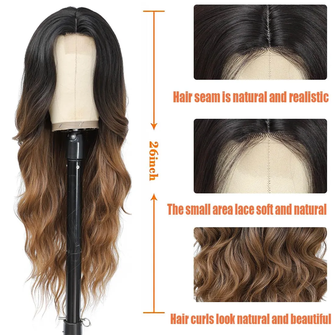 Long Wavy Wig for Wome 26Inch Middle Part Curly Wigs Lace Wavy Wigs Synthetic Heat Resistant Wigs (Black to brown)