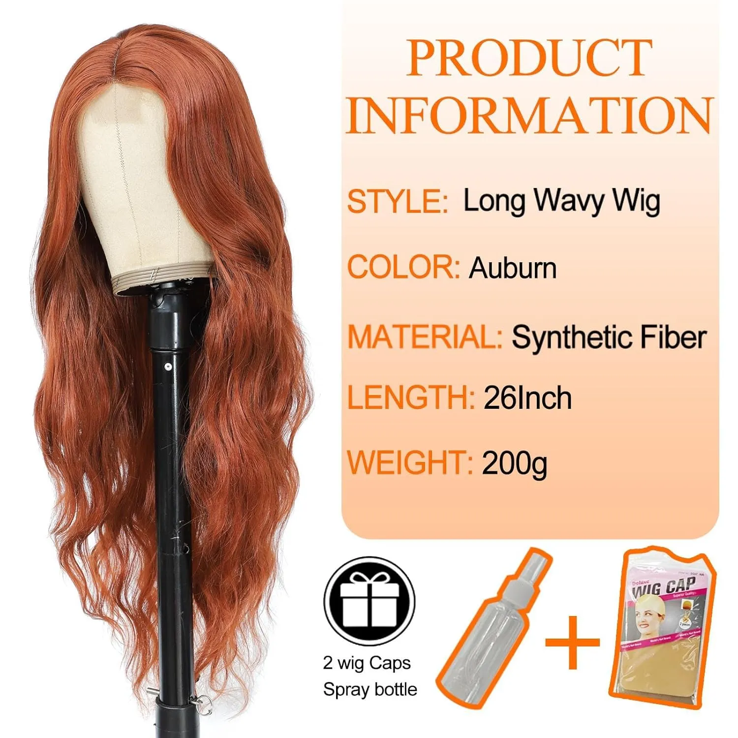 Long Wavy Wig for Women 26Inch Middle Part Curly Wigs Lace Wavy Wigs Synthetic Heat Resistant Wigs (Auburn)