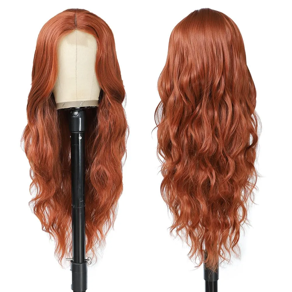 Long Wavy Wig for Women 26Inch Middle Part Curly Wigs Lace Wavy Wigs Synthetic Heat Resistant Wigs (Auburn)