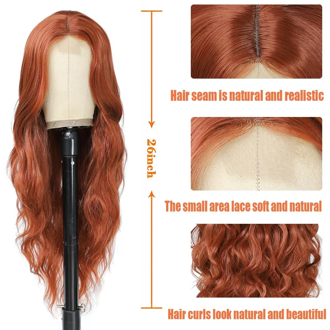 Long Wavy Wig for Women 26Inch Middle Part Curly Wigs Lace Wavy Wigs Synthetic Heat Resistant Wigs (Auburn)