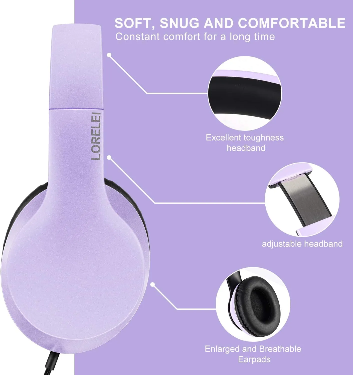 LORELEI X6 Over-Ear Headphones with Microphone, Lightweight Foldable & Portable Stereo Bass Headphones with 1.45M No-Tangle,Wired Headphones for Smartphone Tablet MP3 / 4 (Purple-Black)