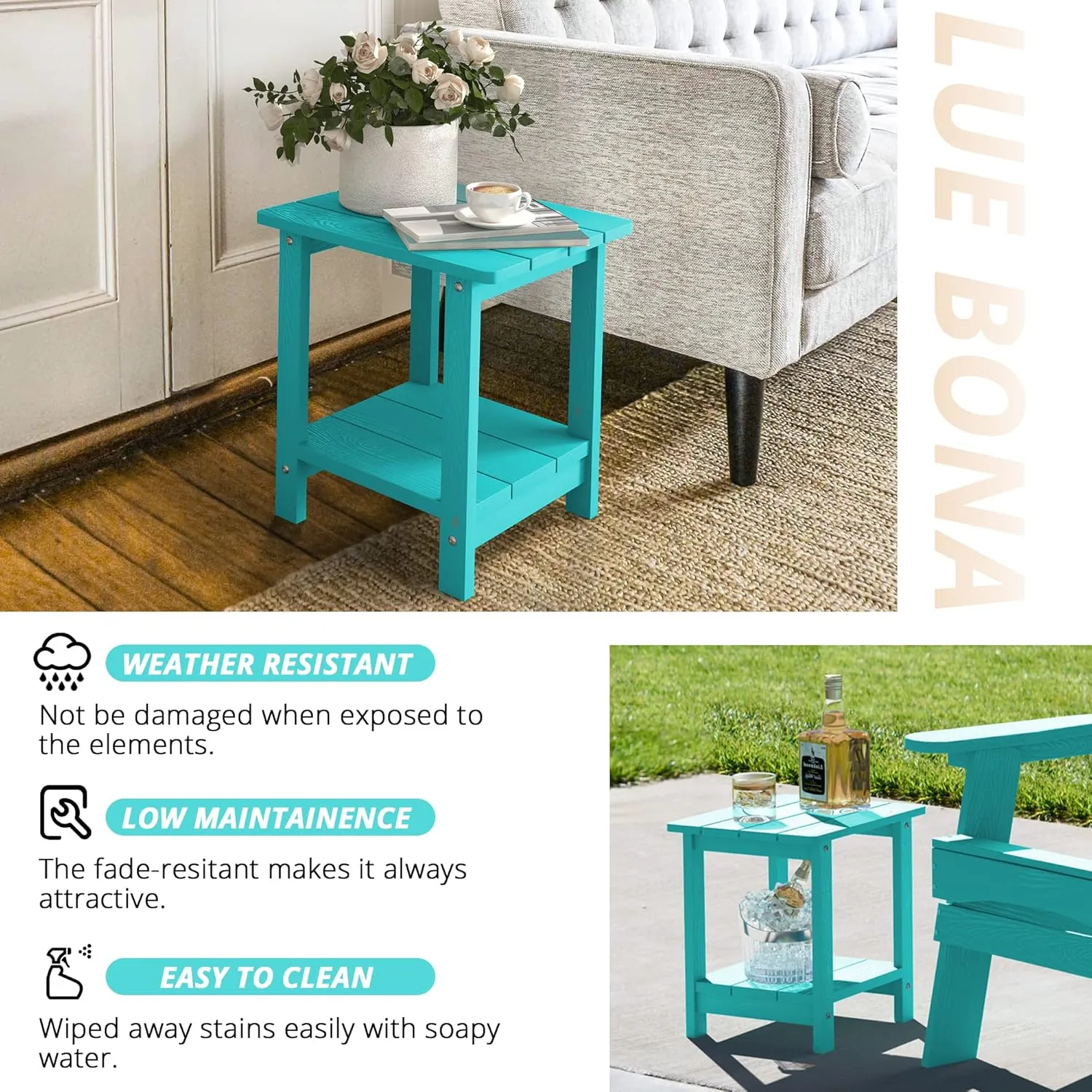 LUE BONA Adirondack Outdoor Side Table, 2-Tier Aruba Blue HDPS Patio End Table Weather Resistant, Outdoor Morden Side Table for Patio, Pool, Porch