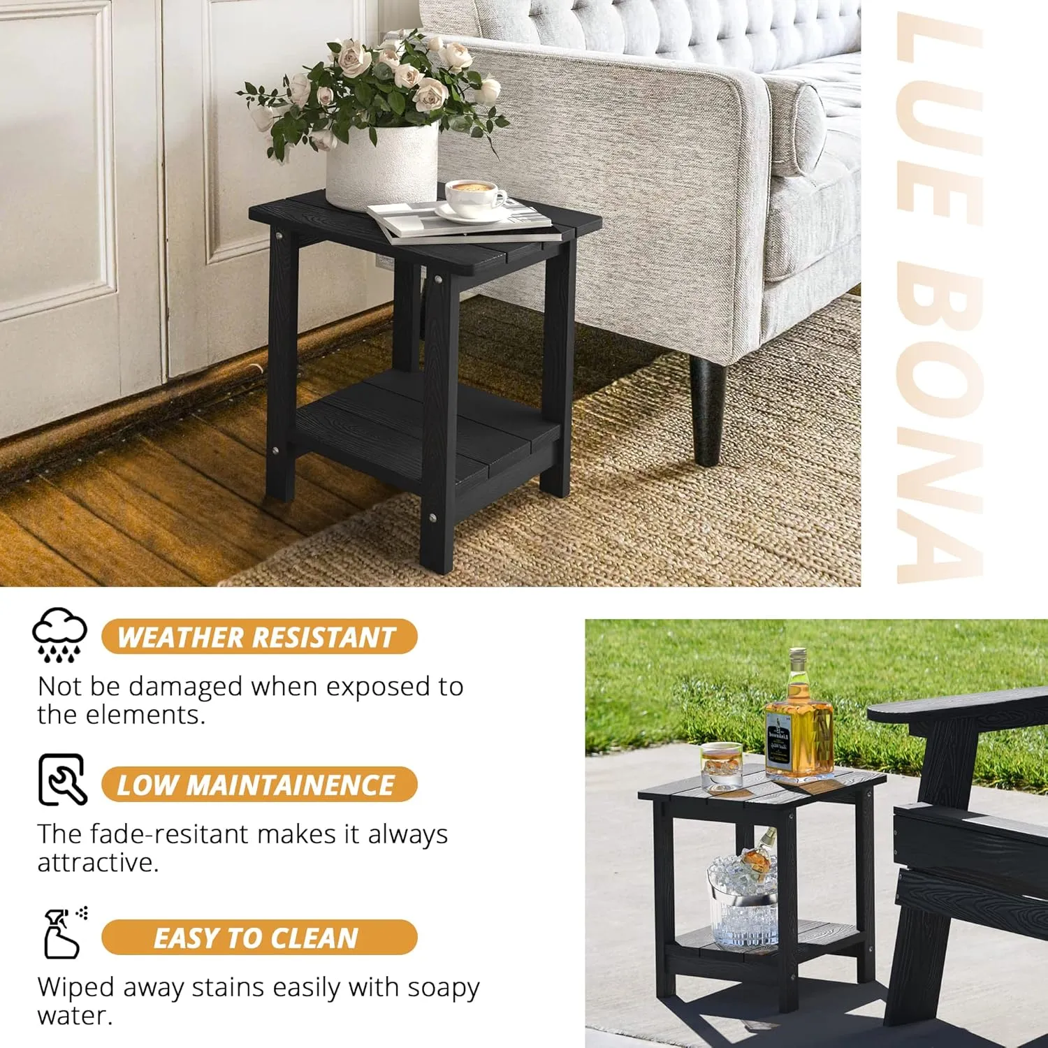 LUE BONA Adirondack Outdoor Side Table, 2-Tier Black HDPS Patio End Table Weather Resistant, Morden Side Table for Patio, Pool, Porch
