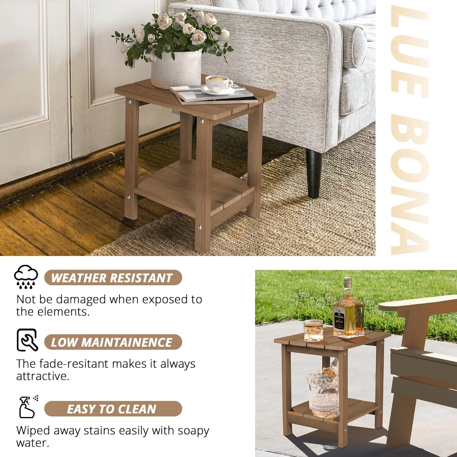 LUE BONA Adirondack Outdoor Side Table, 2-Tier Brown HDPS Patio End Table Weather Resistant, Morden Side Table for Patio, Pool, Porch