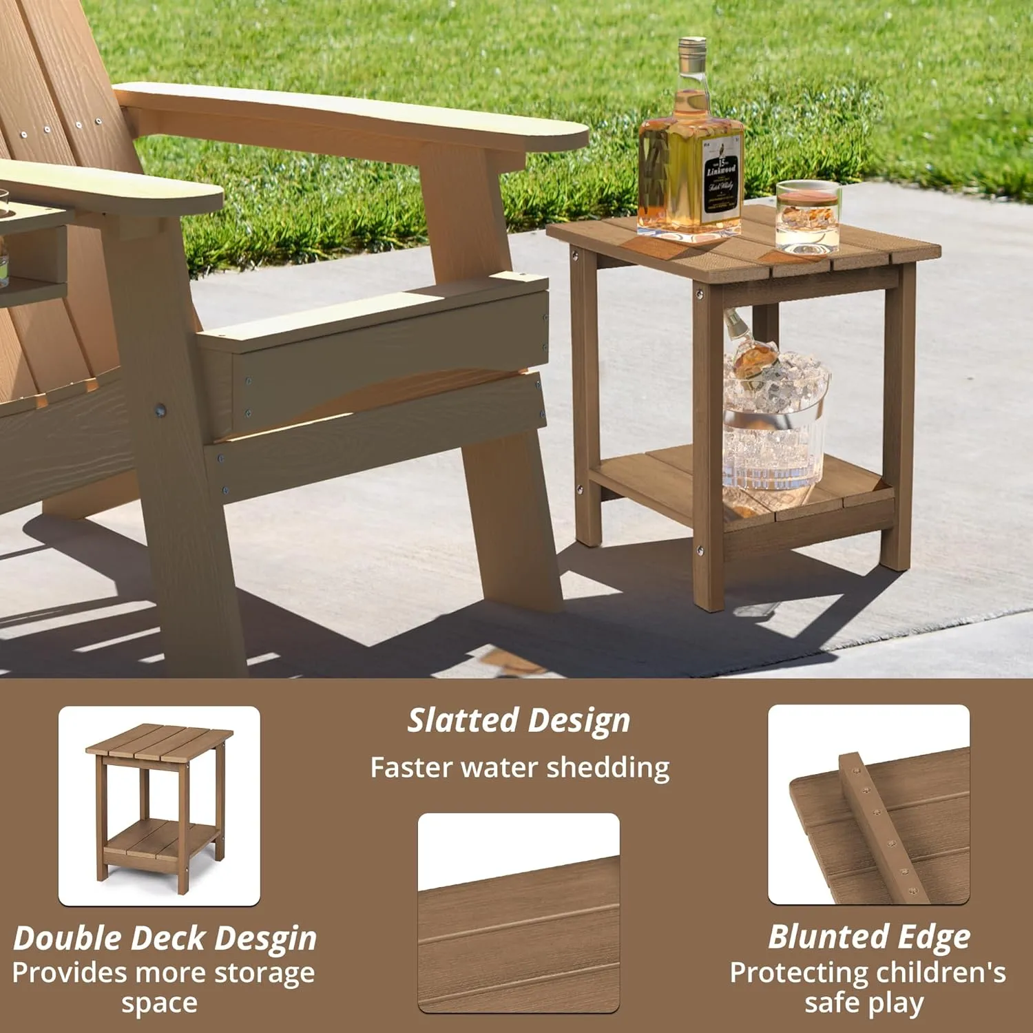 LUE BONA Adirondack Outdoor Side Table, 2-Tier Brown HDPS Patio End Table Weather Resistant, Morden Side Table for Patio, Pool, Porch