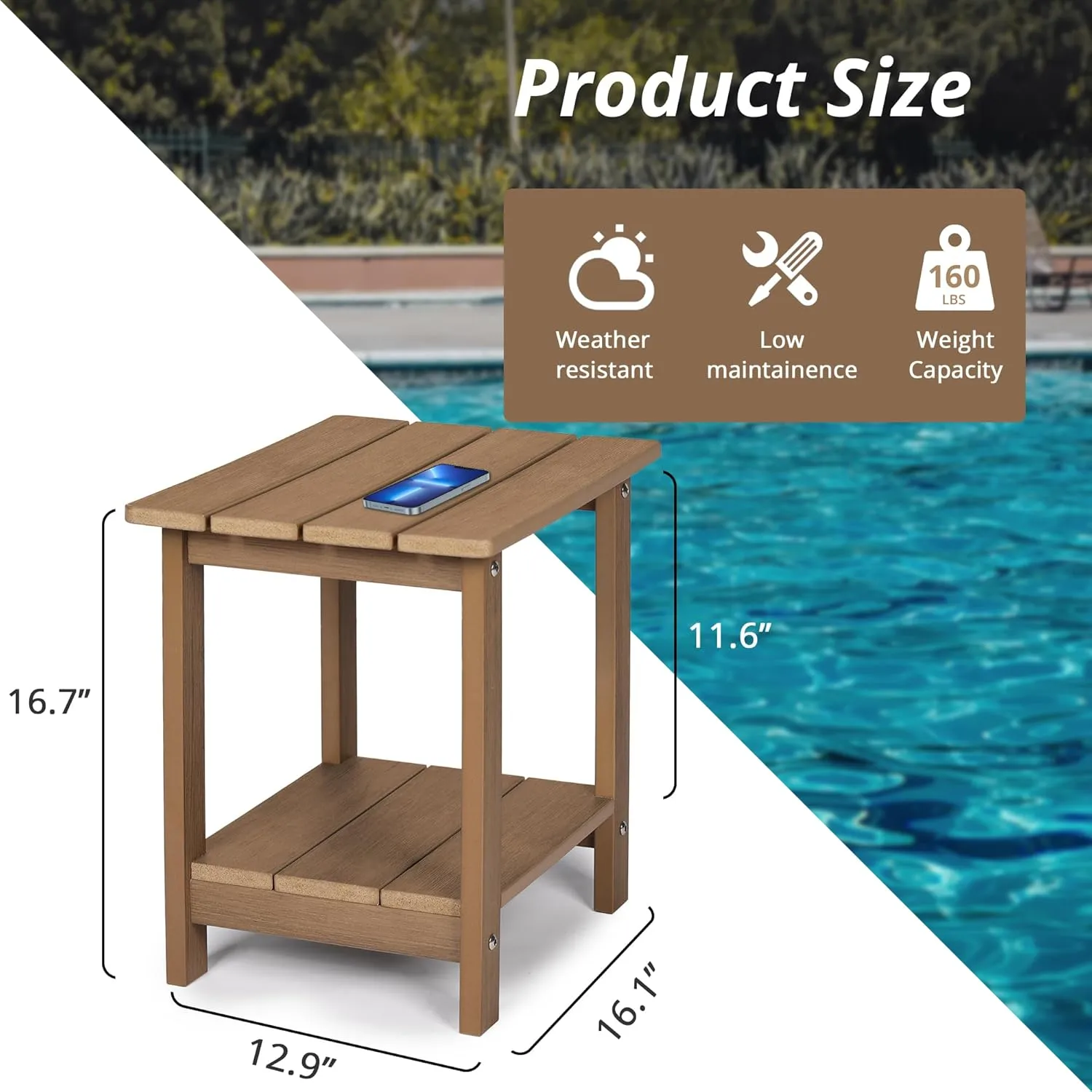 LUE BONA Adirondack Outdoor Side Table, 2-Tier Brown HDPS Patio End Table Weather Resistant, Morden Side Table for Patio, Pool, Porch