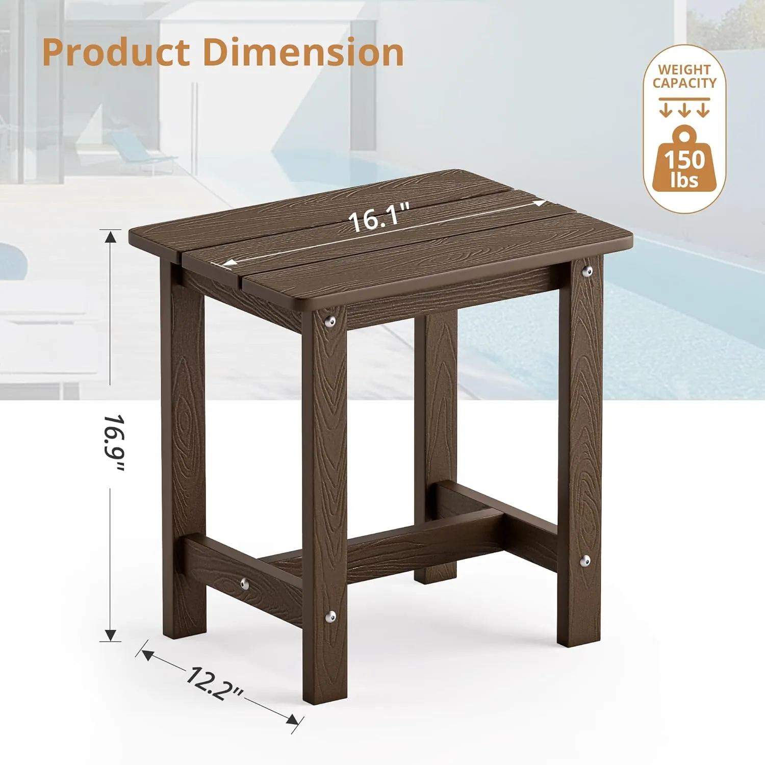 LUE BONA Outdoor Side Table, HDPS Small Outdoor Adirondack Side Tables, Outside End Table for Patio, Porch, Deck, Weather Resistant/Easy Maintenance, Dark Brown