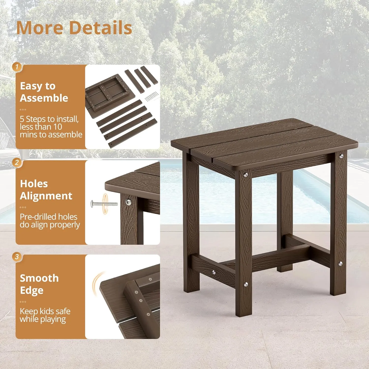 LUE BONA Outdoor Side Table, HDPS Small Outdoor Adirondack Side Tables, Outside End Table for Patio, Porch, Deck, Weather Resistant/Easy Maintenance, Dark Brown
