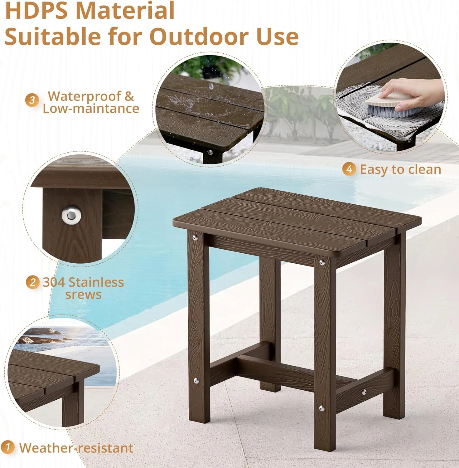 LUE BONA Outdoor Side Table, HDPS Small Outdoor Adirondack Side Tables, Outside End Table for Patio, Porch, Deck, Weather Resistant/Easy Maintenance, Dark Brown
