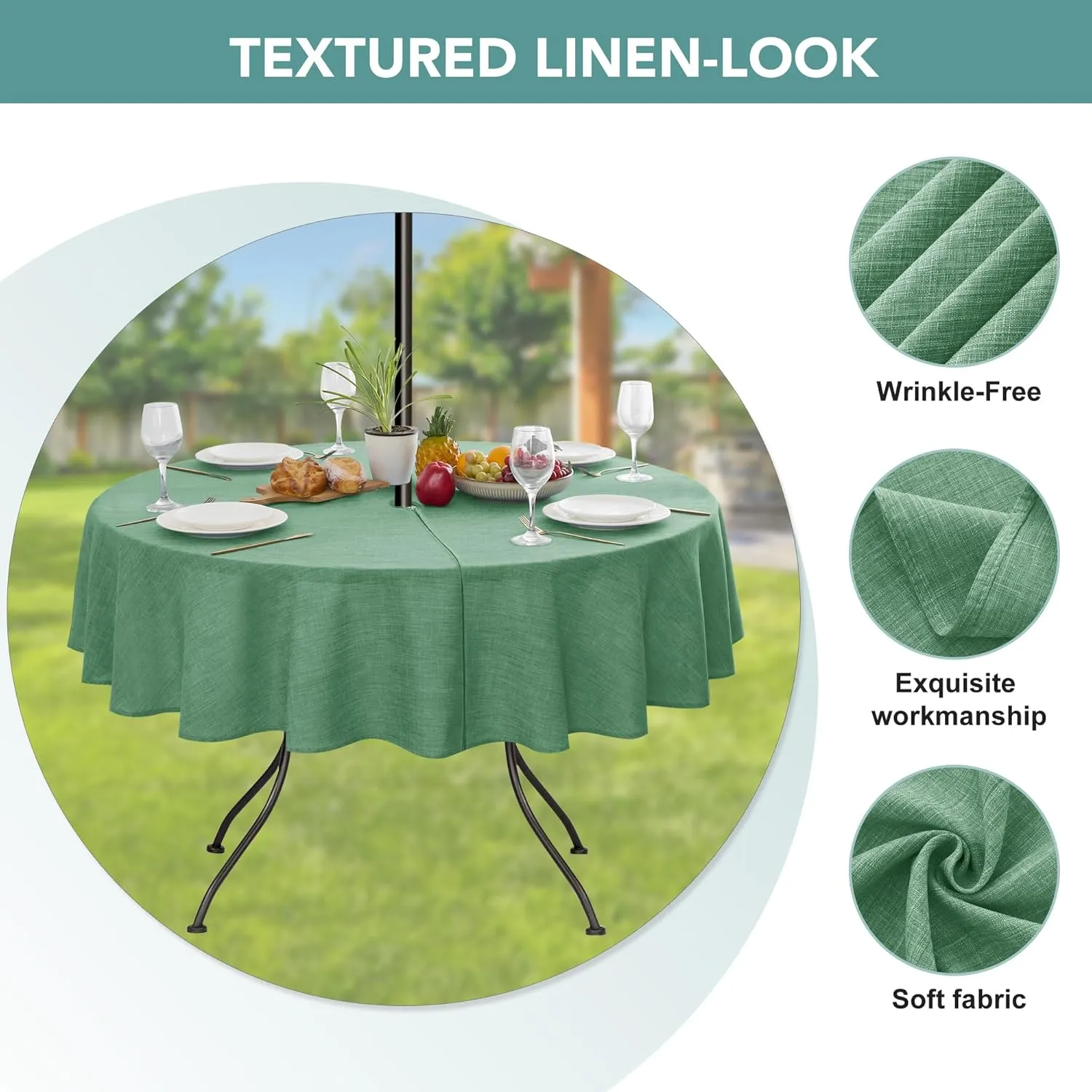 LUSHVIDA Outdoor Tablecloth with Umbrella Hole - Patio Table Cloth Zippered Round 60 Inch, Sage Green Faux Linen Table Cover Water Resistant for Picnic Outside