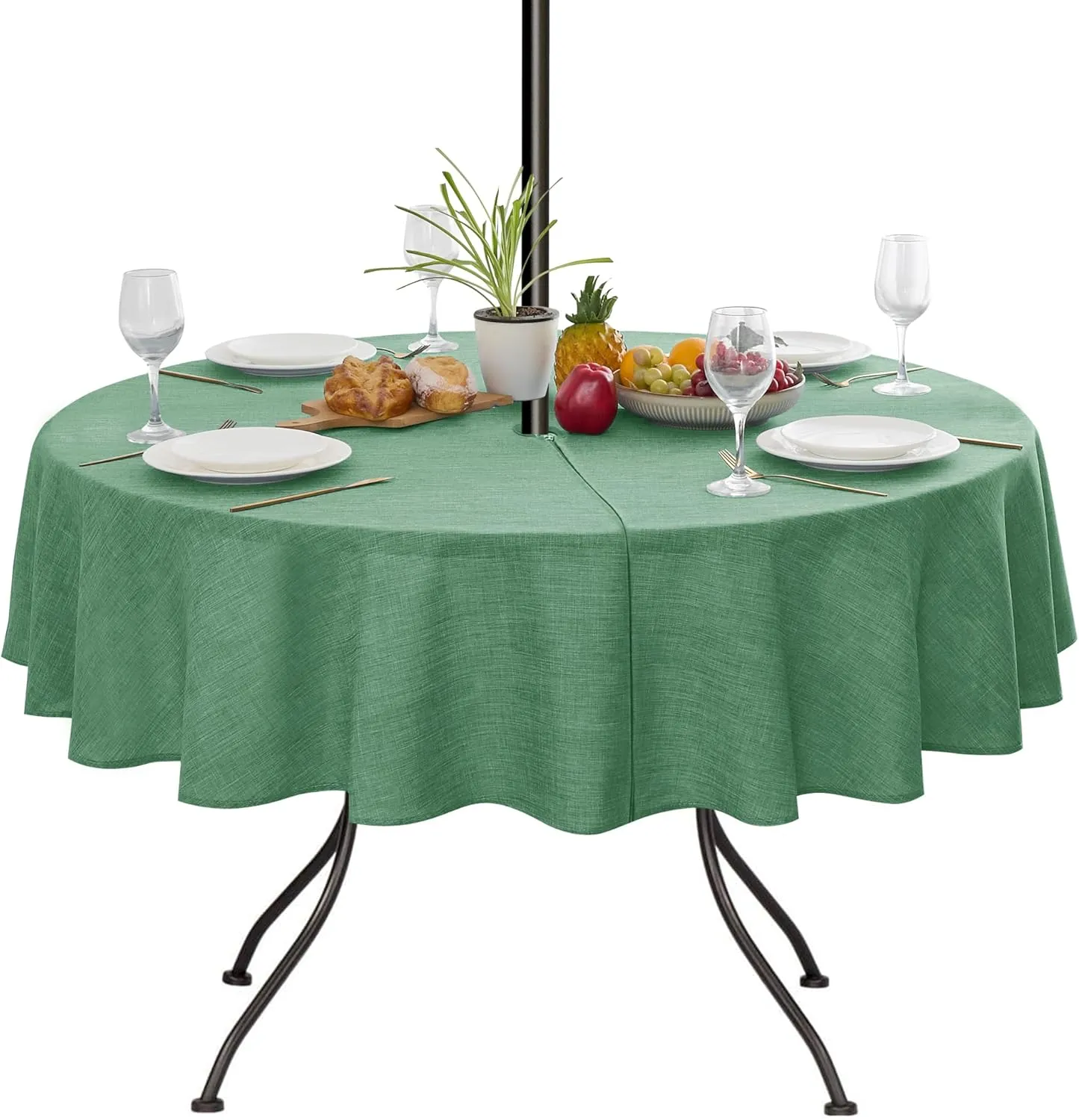 LUSHVIDA Outdoor Tablecloth with Umbrella Hole - Patio Table Cloth Zippered Round 60 Inch, Sage Green Faux Linen Table Cover Water Resistant for Picnic Outside