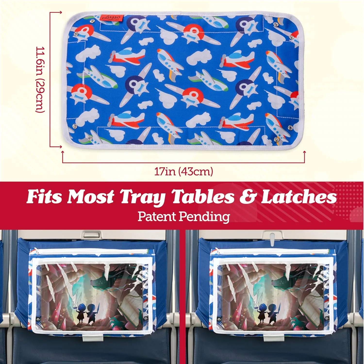 Lusso Gear Kids Airplane Tray Table Cover with Pockets – Travel Tray Essentials for Toddlers on Plane or Train - Travel Toys & Airplane Travel Essentials - Flying Accessories Toddlers (Dinosaurs)