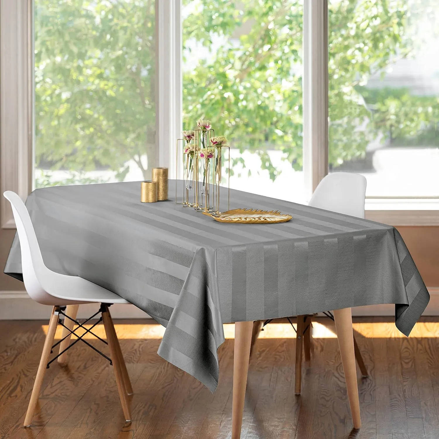 Luxury Table Protector Pad, 2 in 1 Table pad   Great Looking Tablecloth - Heat Resistant, Spill & Stain Proof - Flannel Backing (54x72, Silver - Silk Stripe)