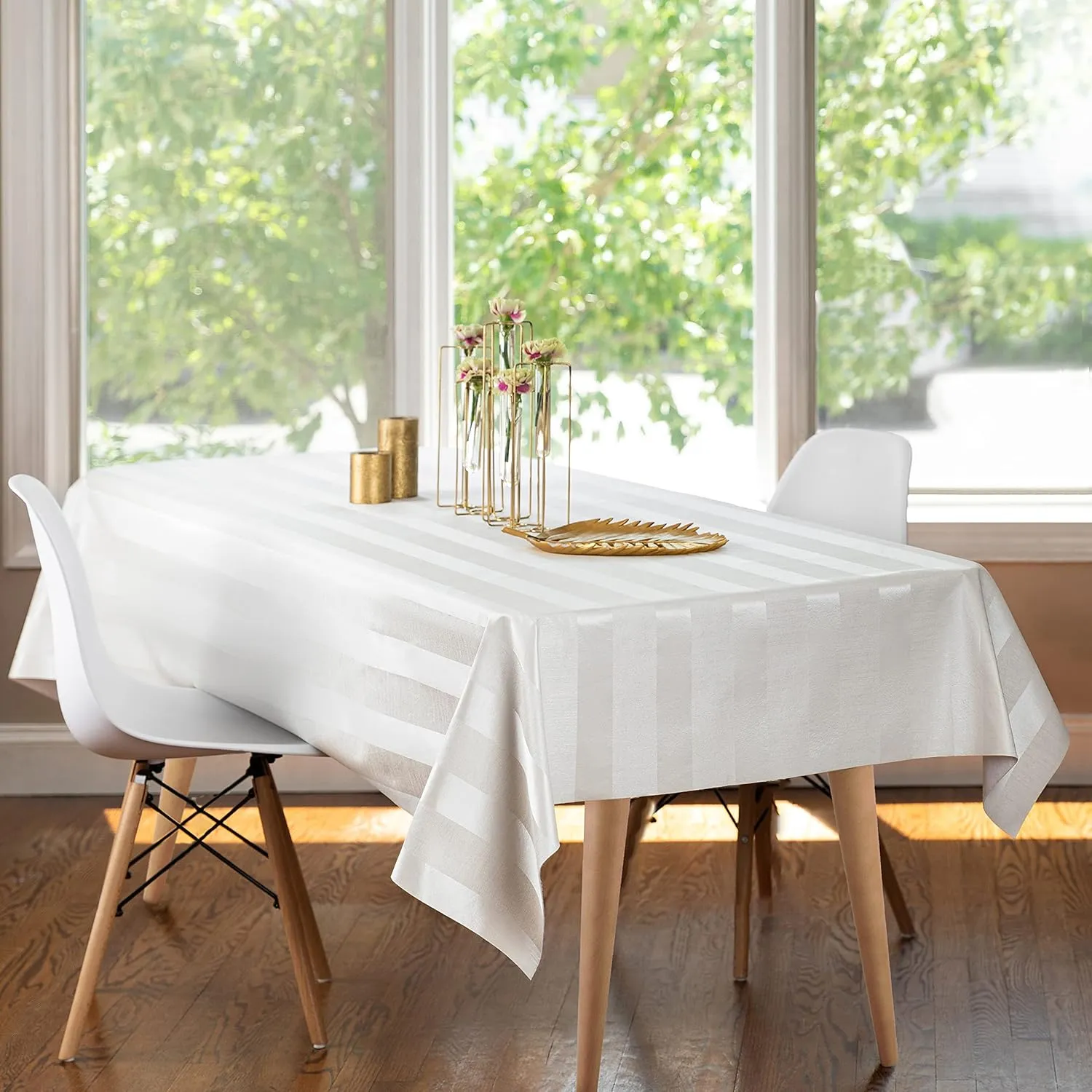 Luxury Table Protector Pad, 2 in 1 Table pad   Great Looking Tablecloth - Heat Resistant, Spill & Stain Proof - Flannel Backing (54x72, White - Silk Stripe)