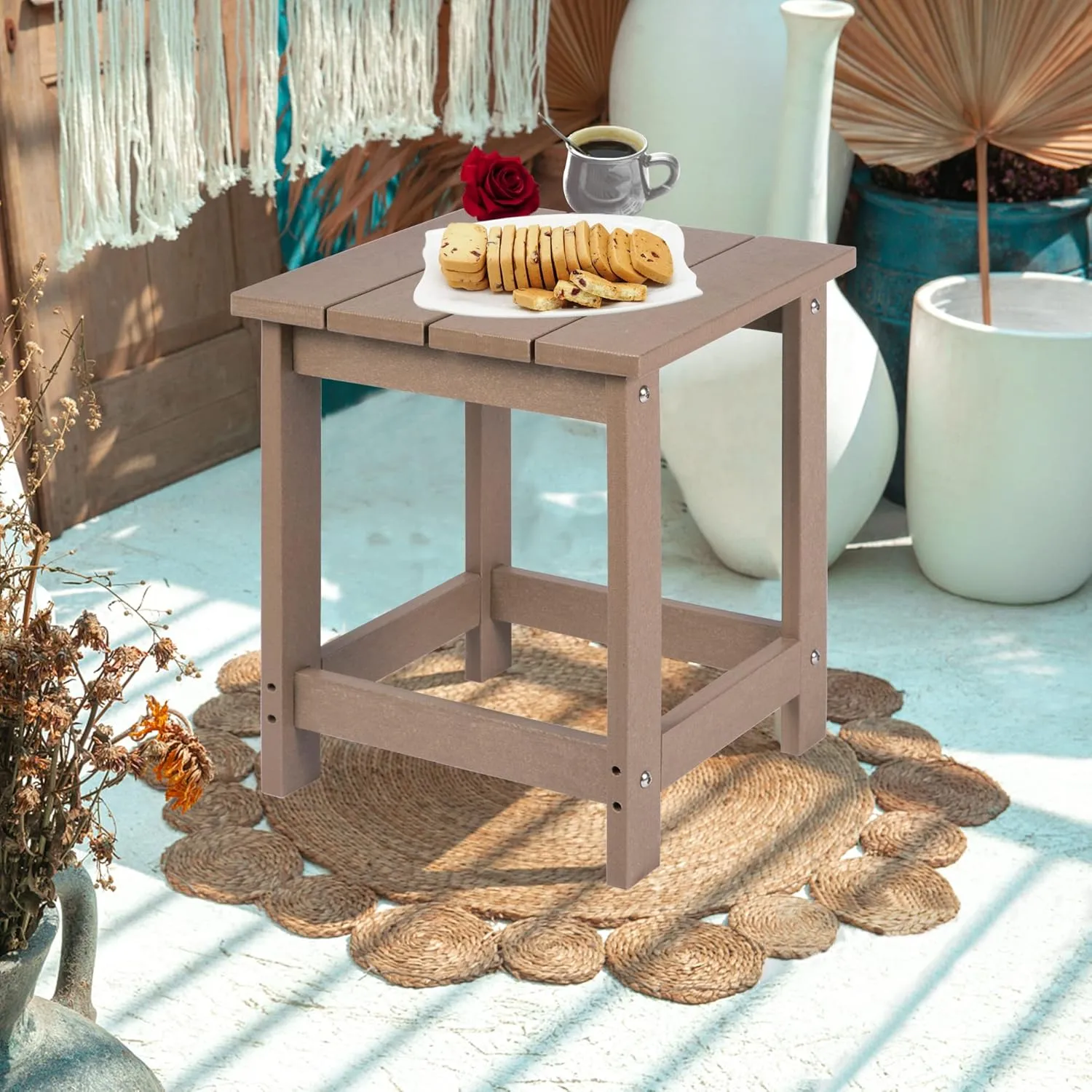LZRS Adirondack Square Outdoor Side Table, Pool Composite Patio Table,HDPE End Tables for Backyard,Pool, Indoor Companion, Easy Maintenance & Weather Resistant(Weathered Wood)