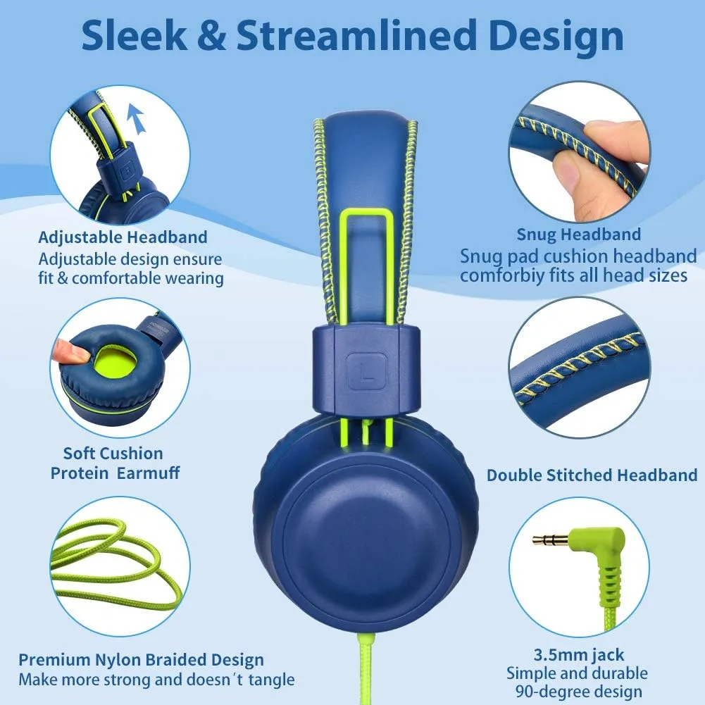 M2 Kids Headphones Wired Headphone for Kids,Foldable Adjustable Stereo Tangle-Free,3.5MM Jack Wire Cord On-Ear Headphone for Children/Teens/Girls/School/Kindle/Airplane/Plane/ (Blue)