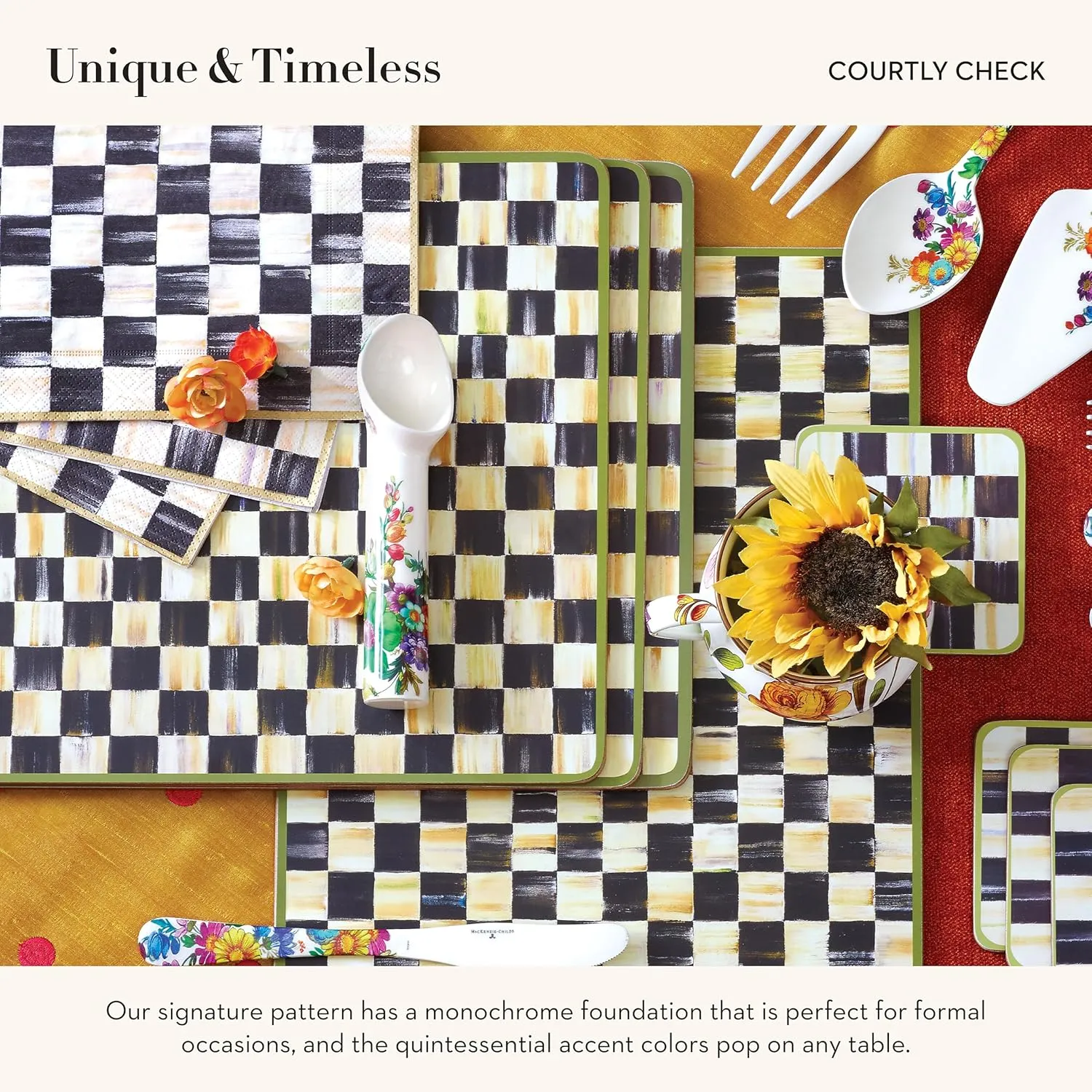 MACKENZIE-CHILDS Cork-Back Placemats, Hard-Finish Washable Table Mats, Set of 4, Black-and-White Courtly Check