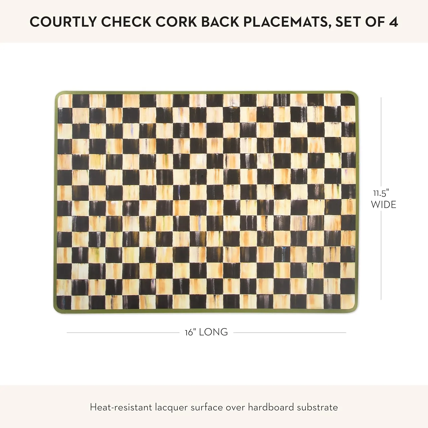 MACKENZIE-CHILDS Cork-Back Placemats, Hard-Finish Washable Table Mats, Set of 4, Black-and-White Courtly Check