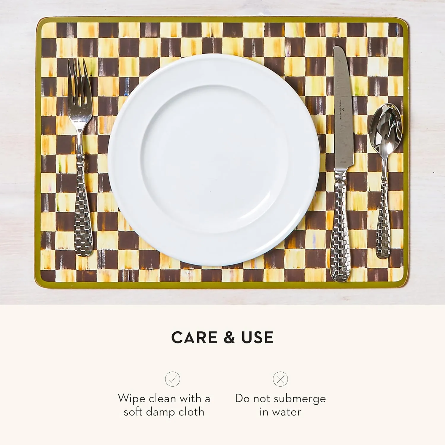 MACKENZIE-CHILDS Cork-Back Placemats, Hard-Finish Washable Table Mats, Set of 4, Black-and-White Courtly Check