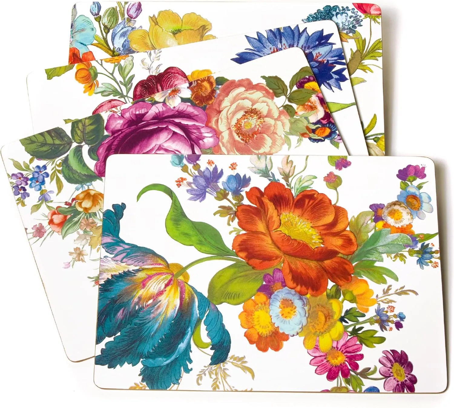 MACKENZIE-CHILDS Cork-Back Placemats, Hard-Finish Washable Table Mats, Set of 4, White Flower Market