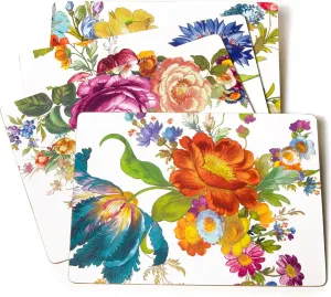 MACKENZIE-CHILDS Cork-Back Placemats, Hard-Finish Washable Table Mats, Set of 4, White Flower Market