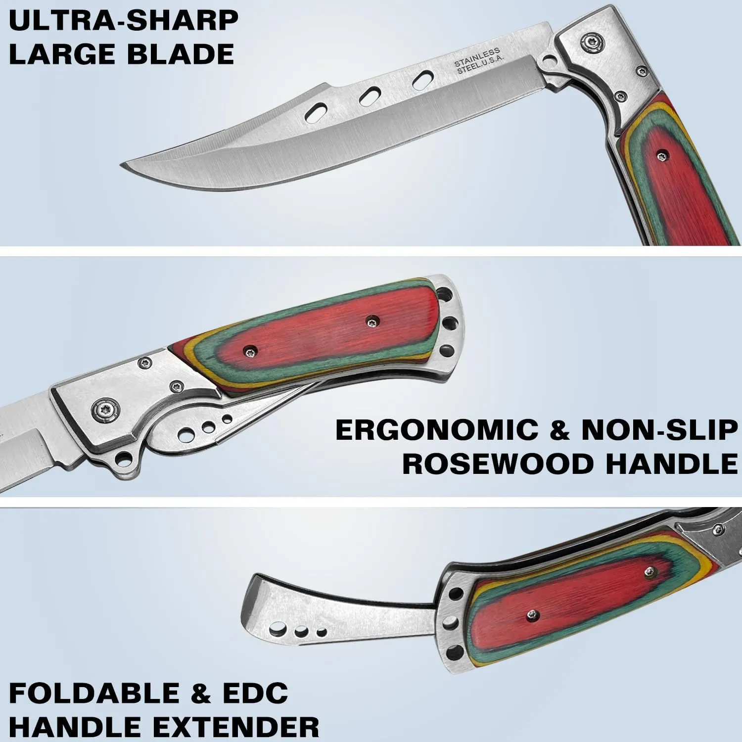 MADSABRE 12.7" Large Folding Knife Tactical Knives with Ebony Handle and Sheath - 7.2" Long Blade Big Pocket Knife for Men for EDC Survival Hunting Camping Hiking Tools (Red Green)