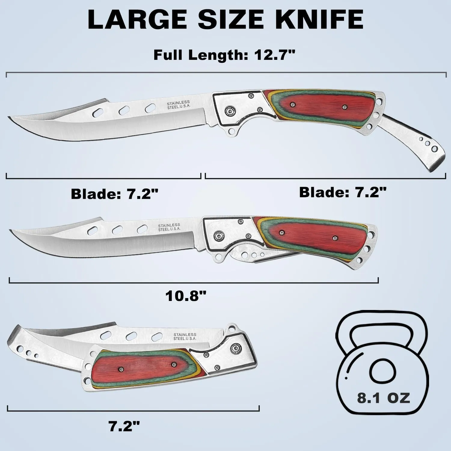 MADSABRE 12.7" Large Folding Knife Tactical Knives with Ebony Handle and Sheath - 7.2" Long Blade Big Pocket Knife for Men for EDC Survival Hunting Camping Hiking Tools (Red Green)