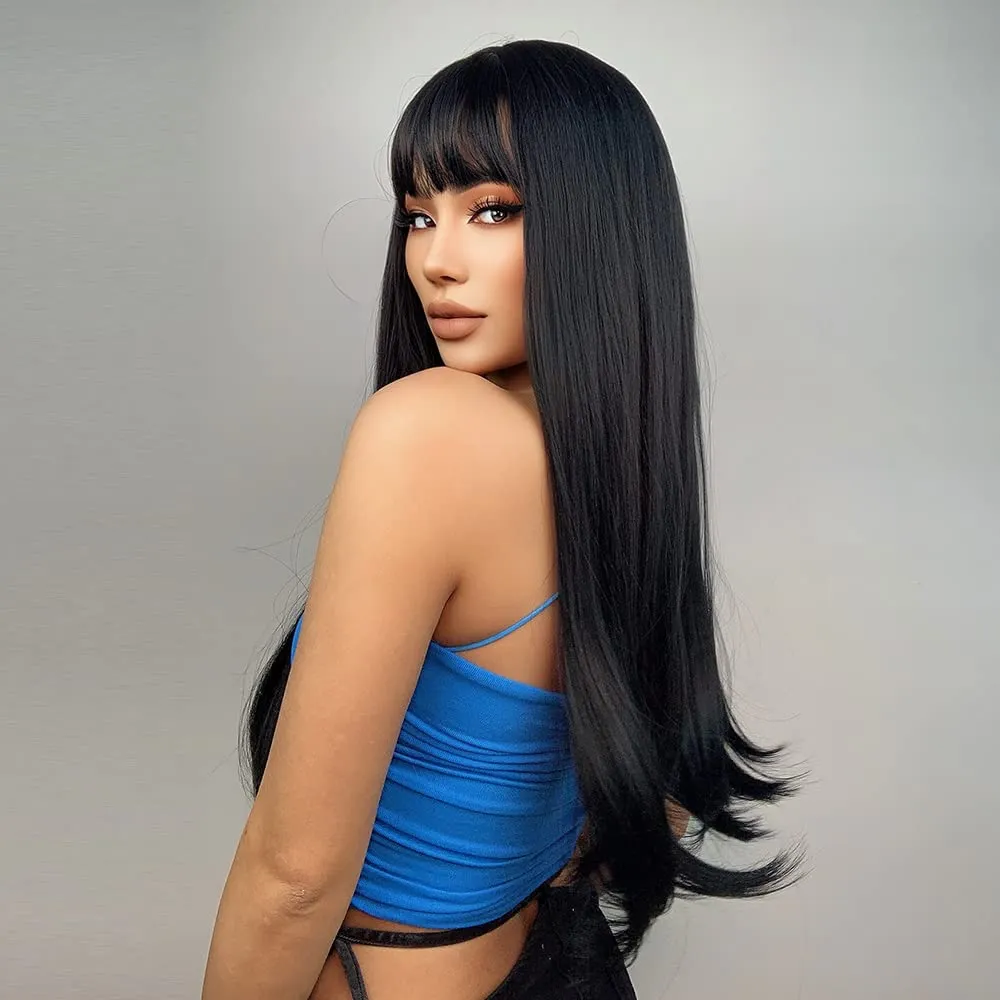 MAGQOO Black Wig with Bang Long Straight Black Wigs for Women Girls Heat Resistant Hight Density Synthetic Wigs (Black)