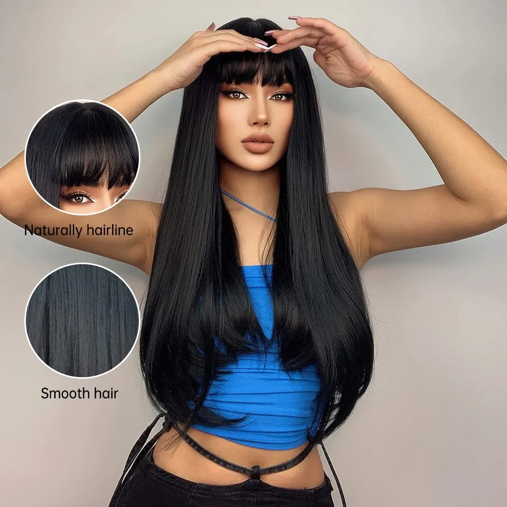 MAGQOO Black Wig with Bang Long Straight Black Wigs for Women Girls Heat Resistant Hight Density Synthetic Wigs (Black)