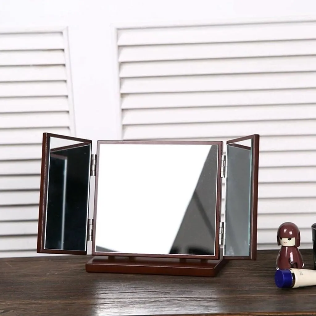 Make Up Mirror Desktop Makeup Mirror Carved Foldable Three-Way Mirror Practical Retro Makeup Mirror Table Bedroom Dressing Mirror Mirror for Desk(A)