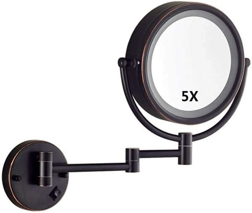 Makeup Mirror Vanity Mirror LED Illuminated Wall Mounted Bathroom 5X Magnification Double-Sided 360° Swivel Extendable Cosmetic Mirror(E)