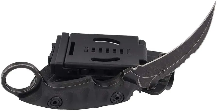 MASALONG Outdoor Survival claw Tactical teeth Knife Double edged sharp Fixed Blade Knife With Sheath (5CR Black Stone wash Black handle)