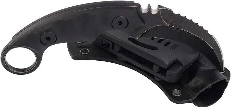 MASALONG Outdoor Survival claw Tactical teeth Knife Double edged sharp Fixed Blade Knife With Sheath (5CR Black Stone wash Black handle)