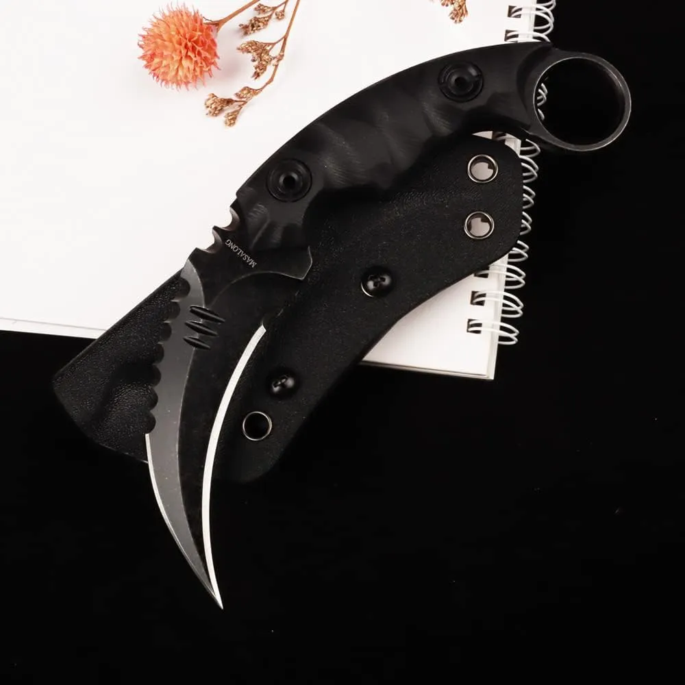 MASALONG Outdoor Survival Claw Tactical Teeth Knife Double Edged Sharp Fixed Blade Knife with Sheath (Stone wash Version-kydex Sheath)