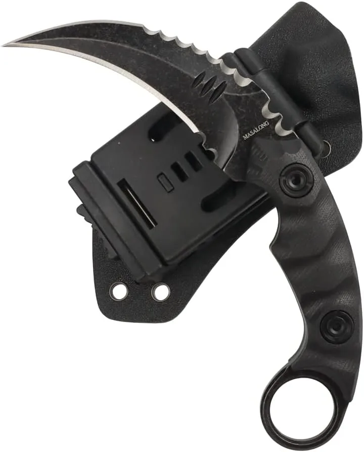 MASALONG Outdoor Survival Claw Tactical Teeth Knife Double Edged Sharp Fixed Blade Knife with Sheath (Stone wash Version-kydex Sheath)